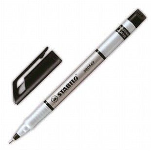 Ручка капиллярная 0,3мм Stabilo, серебристый/черный корпус, колпачек с клипом, цвет черный 